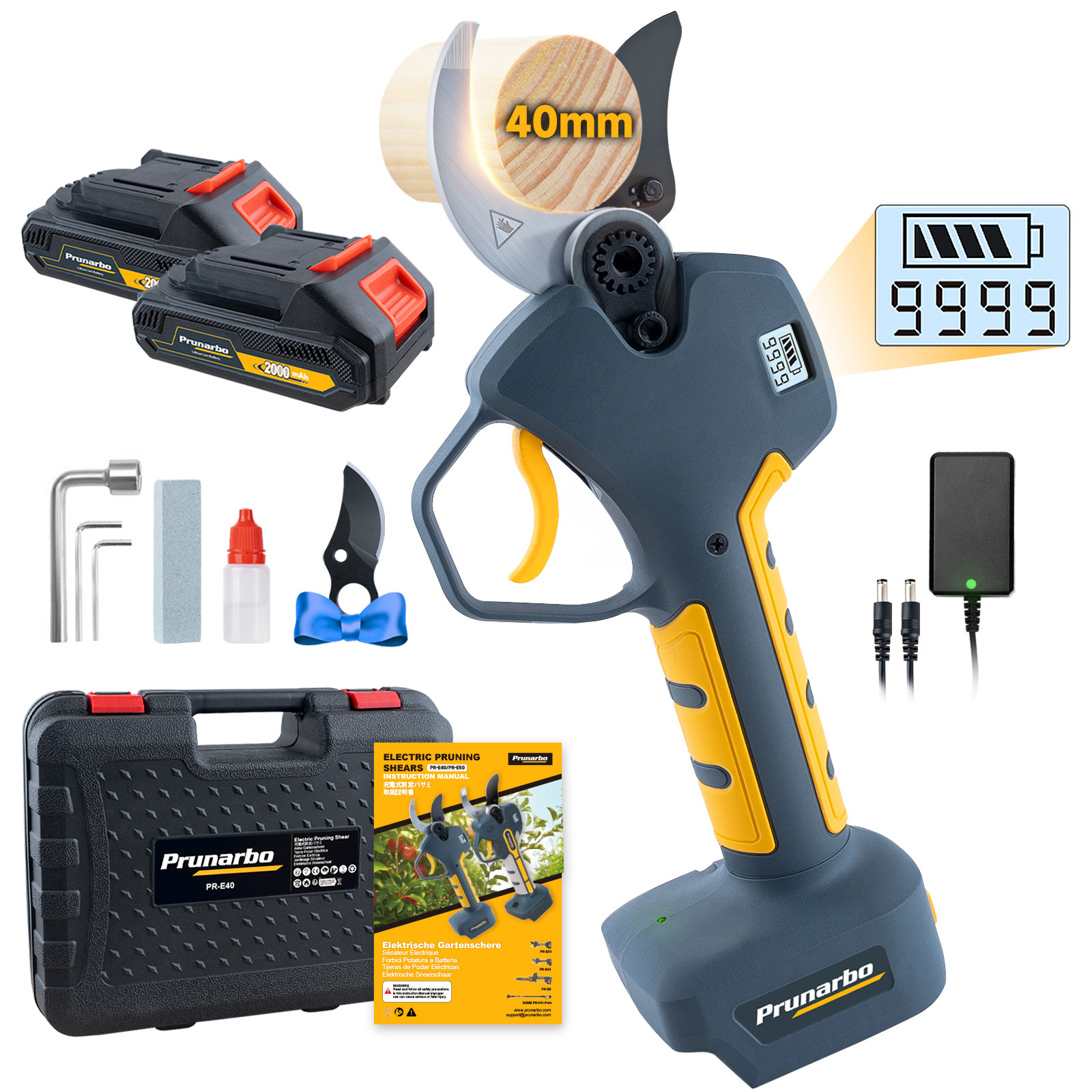 21V 40MM Electric Pruning Shears Cordless with 2Pack 2000mAh Batteries -- PrunarboPR-E40