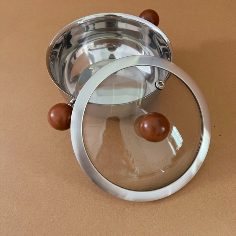 Stainless Steel Small Pot with Lid and Two Ears, Wooden Handle Baby Food Pot, Household Mini Stockpot for Cooking Noodles and Porridge