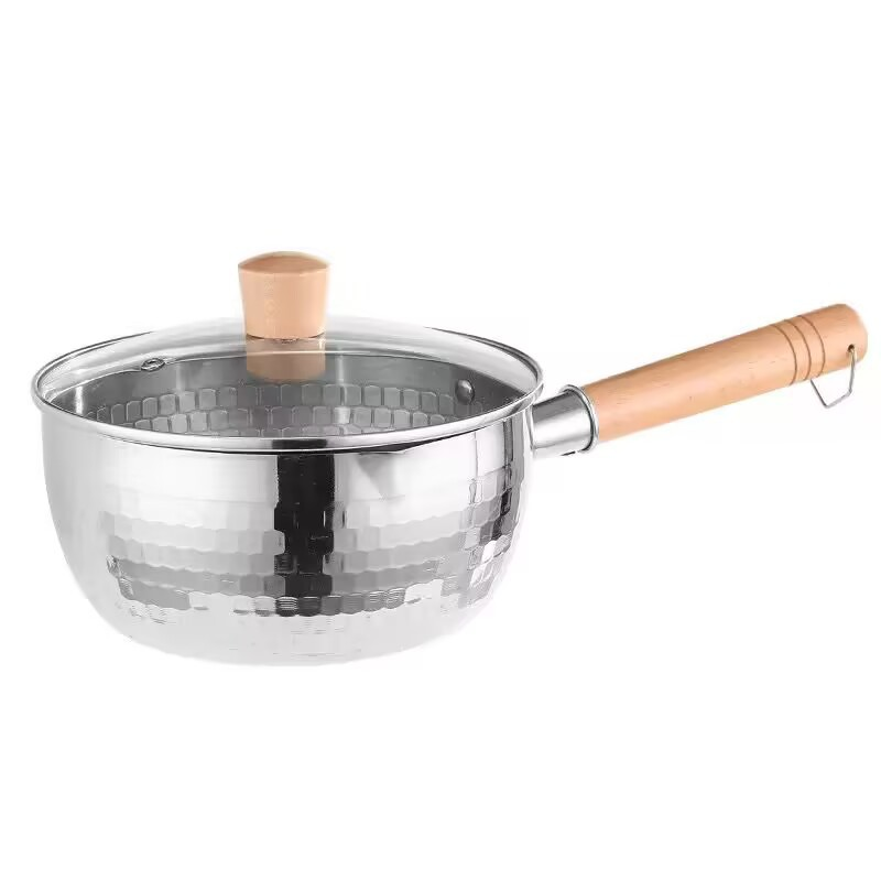 Stainless Steel Snow Flat Pot, Lid-equipped Wooden Handle Milk Pot, Household Pot for Boiling Noodles, Congee and Soup
