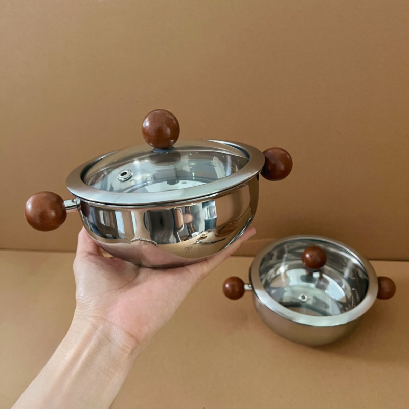 Stainless Steel Small Pot with Lid and Two Ears, Wooden Handle Baby Food Pot, Household Mini Stockpot for Cooking Noodles and Porridge
