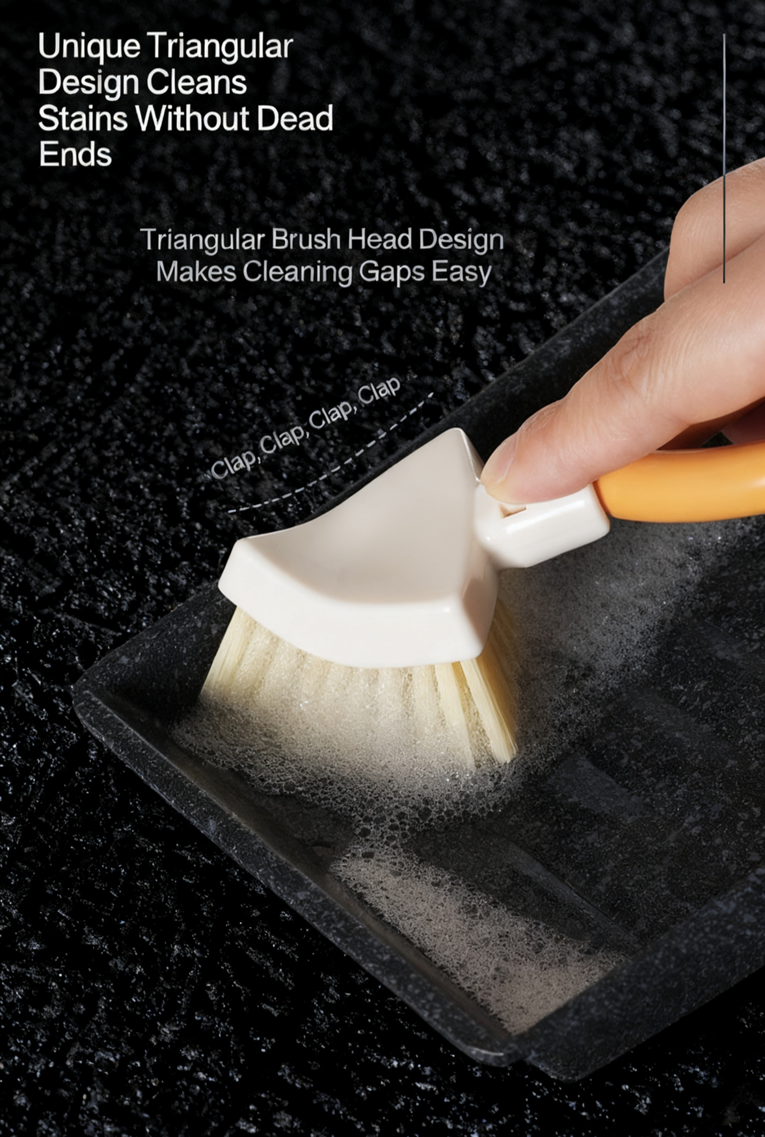 Triangle cleaning brush reaching tight spaces