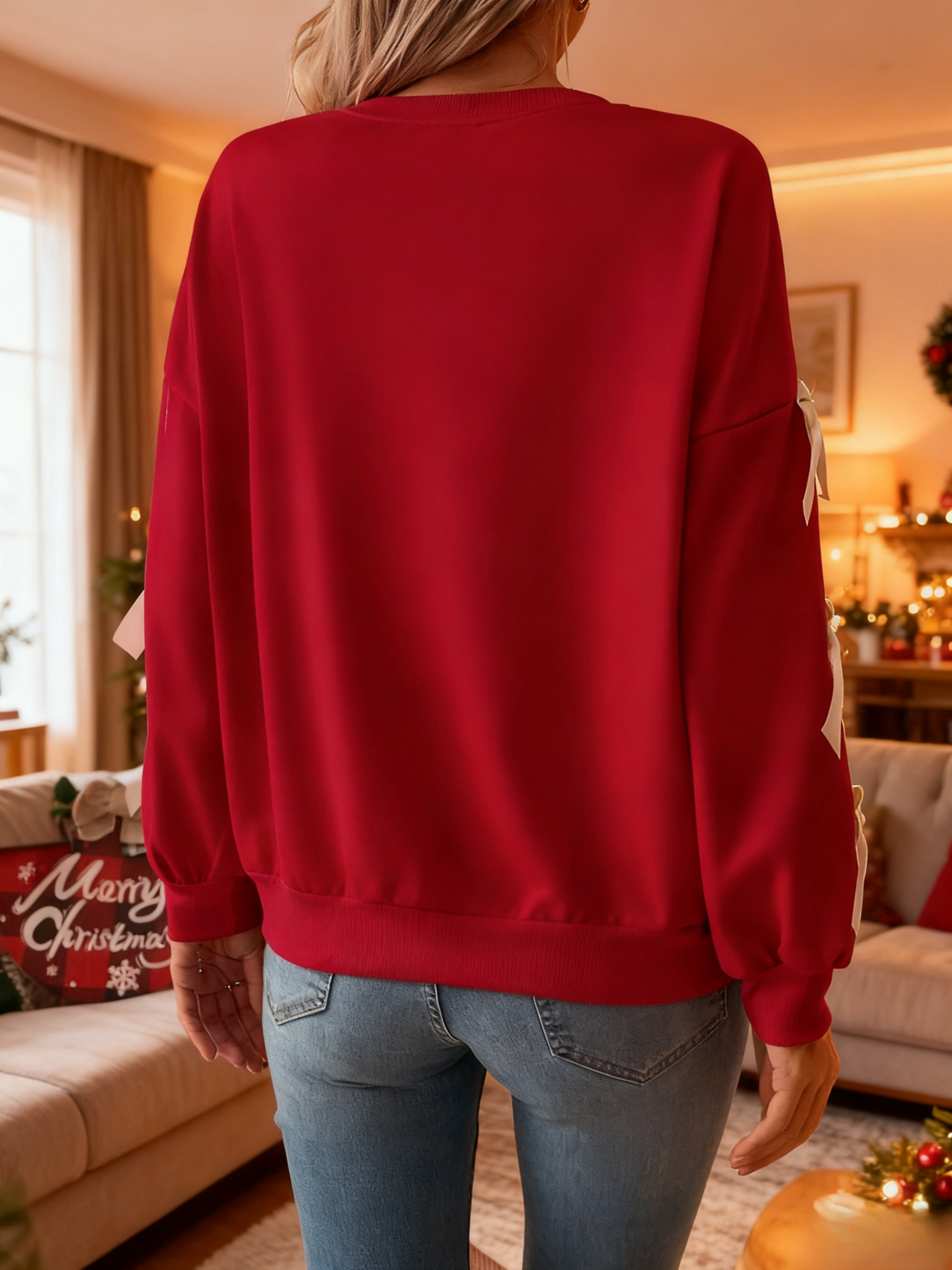 Close-up of bow on red crew neck sweatshirt