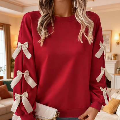 Red Crew Neck Sweatshirt with Bow