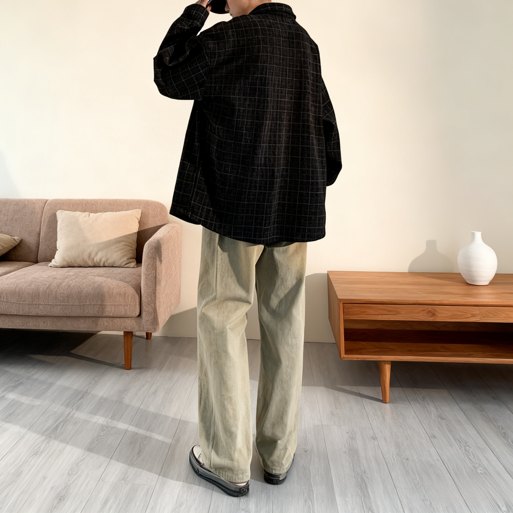 Side profile of retro corduroy plaid long sleeve jacket for men