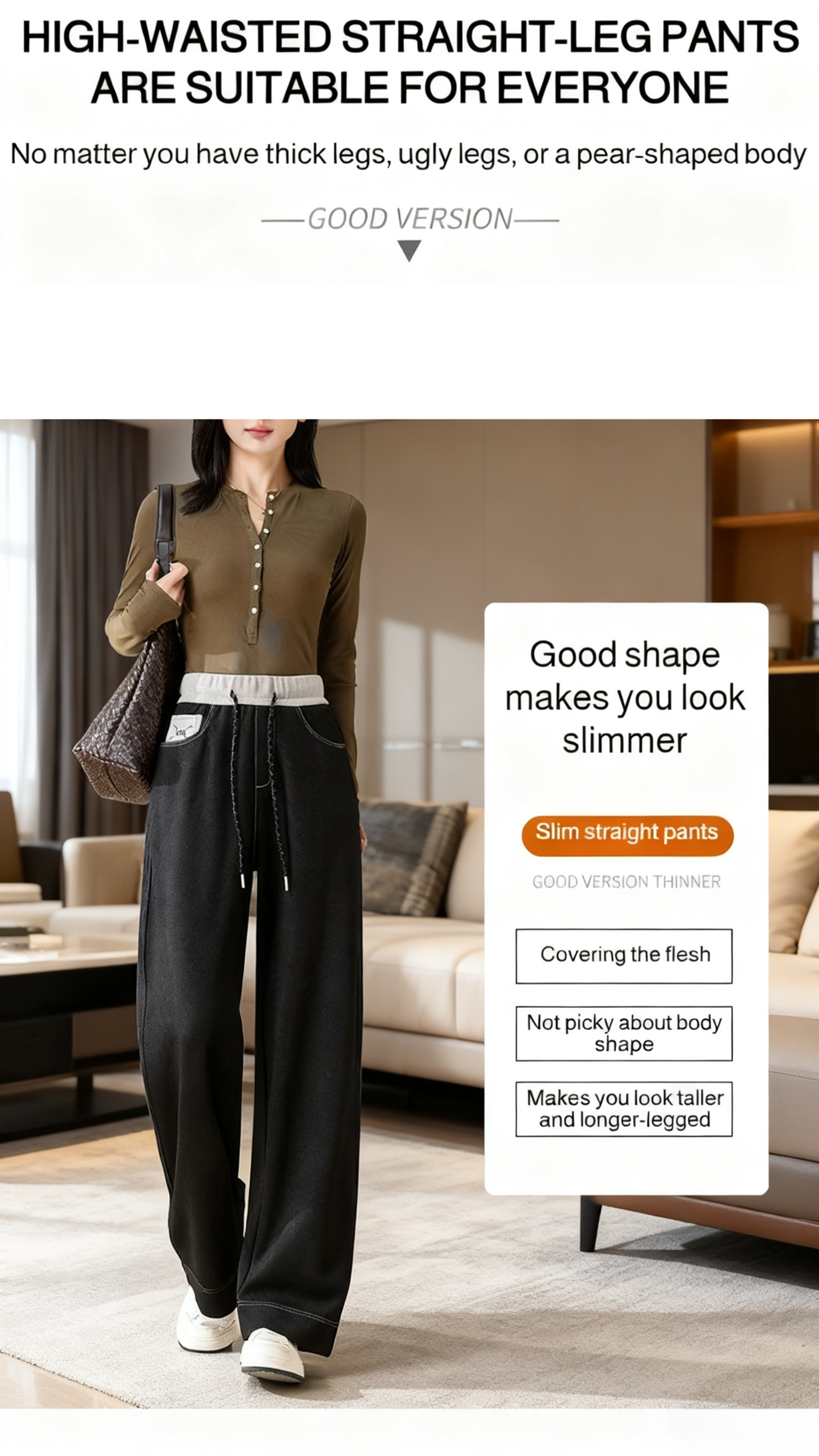 Side view showing slim-fit cut of faux denim pants