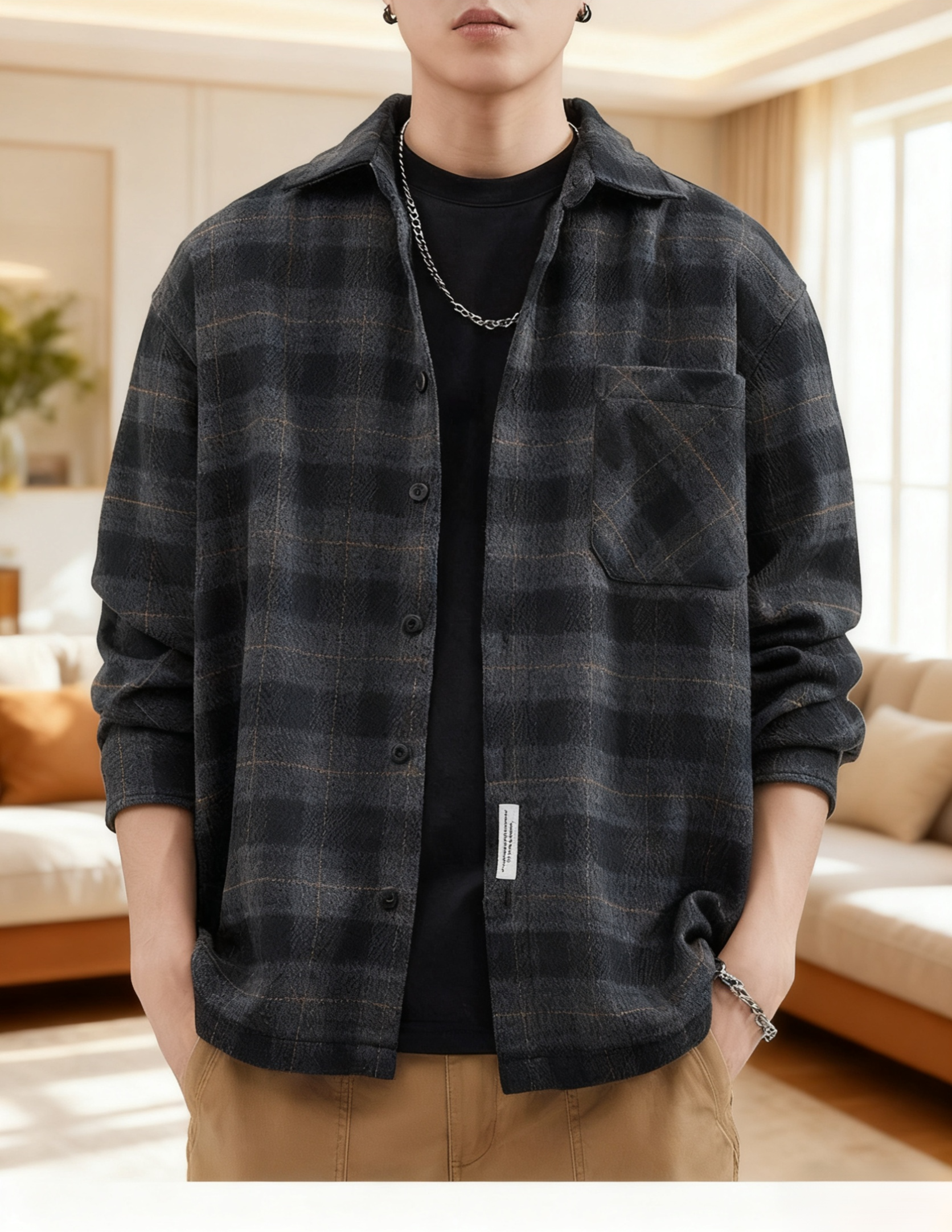 Back view of loose fit brushed long sleeve shirt