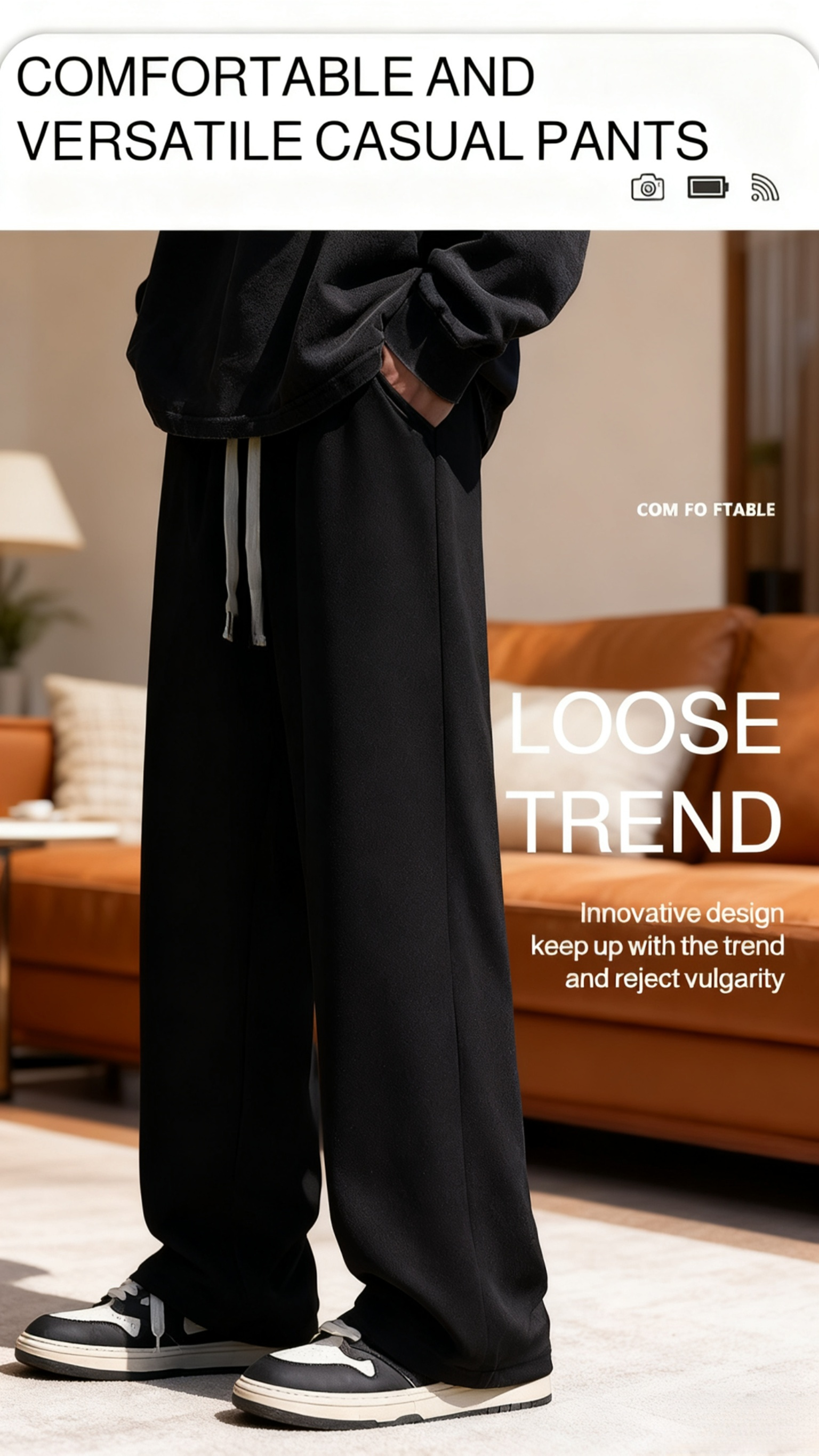 Model wearing men's loose fit straight pants