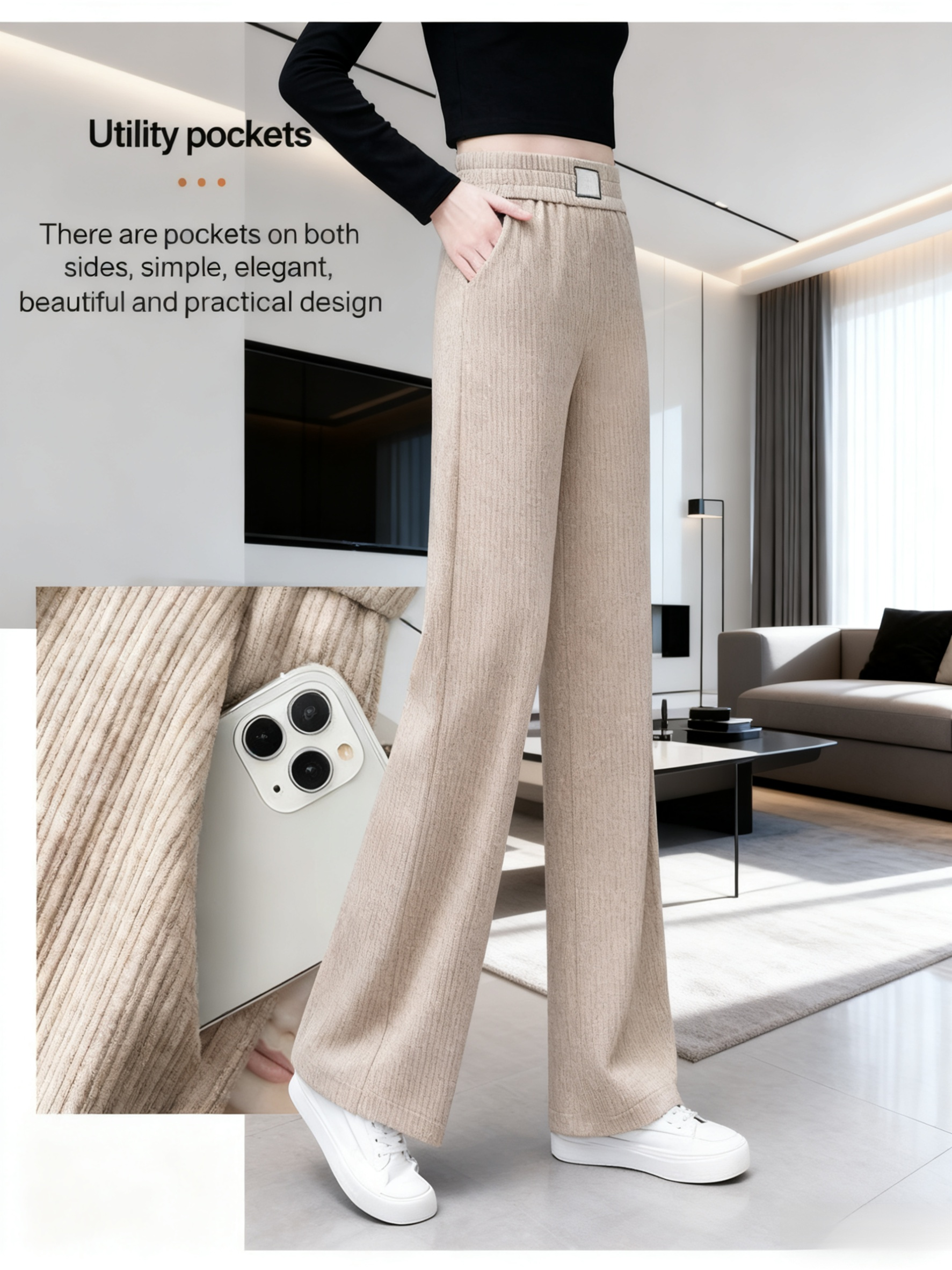 Wide-leg corduroy pants paired with heels