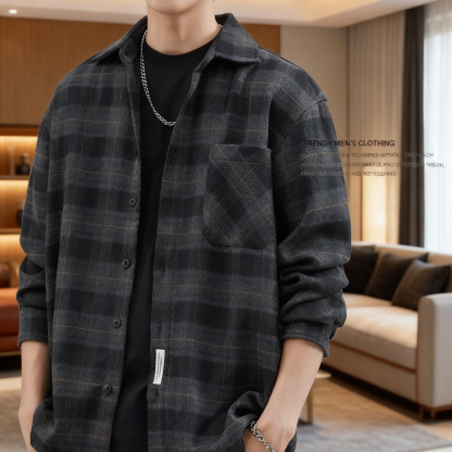 Vintage Loose Plaid Thickened Brushed Long Sleeve Shirt