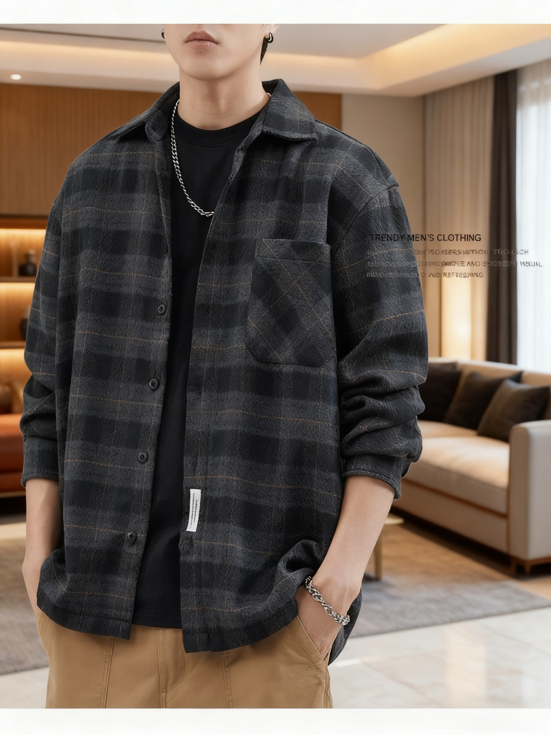 Close-up of brushed fabric on loose plaid shirt