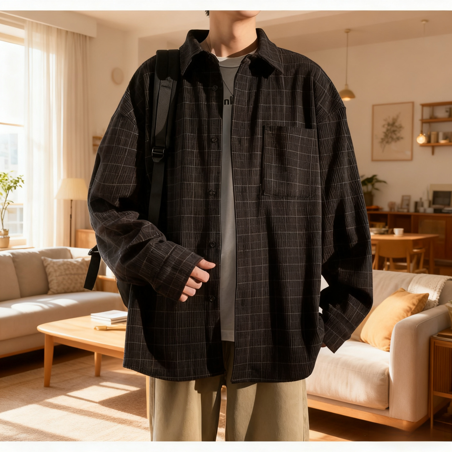 Vintage Corduroy Plaid Long Sleeve Shirt Jacket for Men