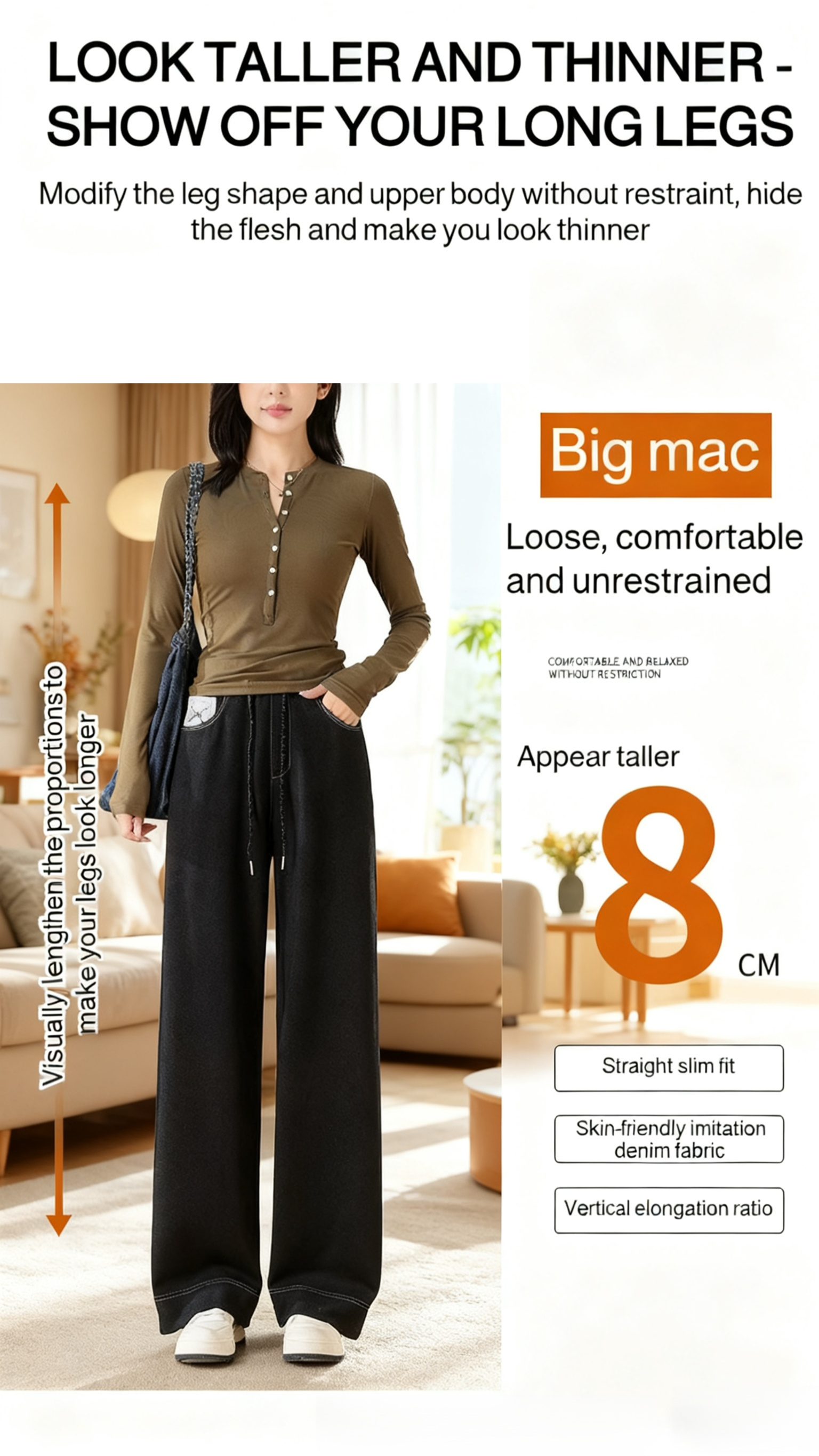 Slim-fit faux denim pants paired with sneakers