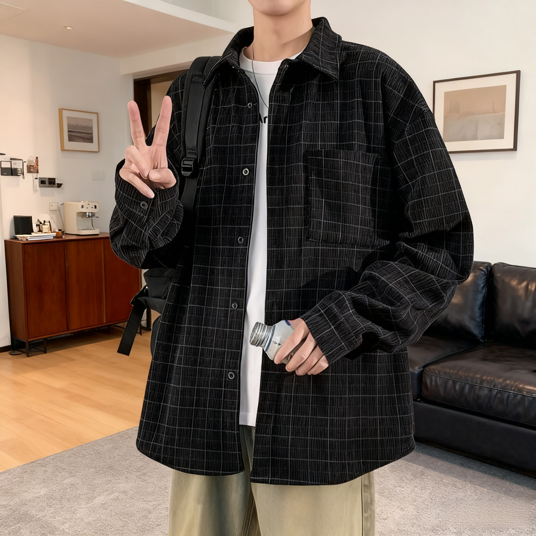  Vintage Corduroy Plaid Long Sleeve Shirt Jacket for Men