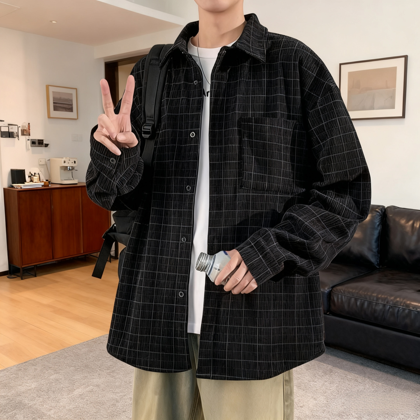  Vintage Corduroy Plaid Long Sleeve Shirt Jacket for Men