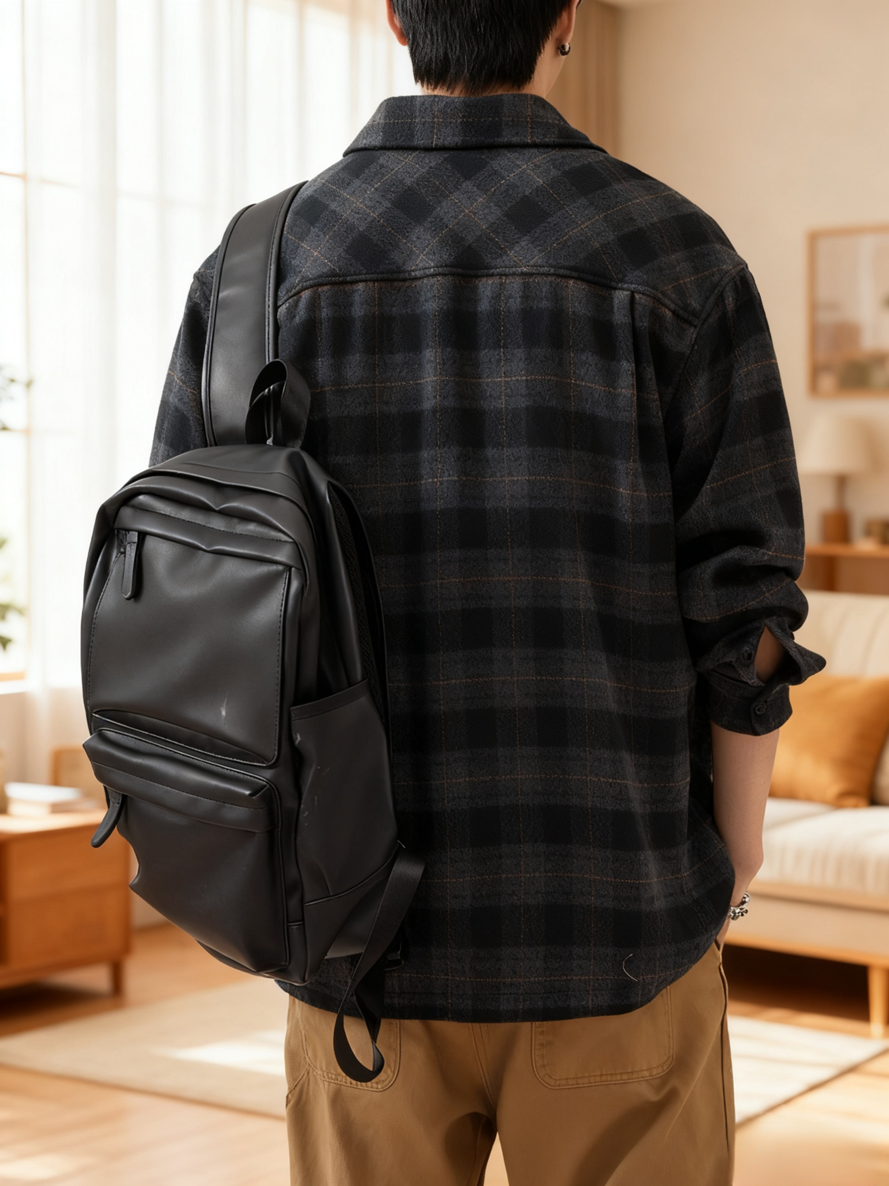 Model wearing retro plaid thickened flannel shirt