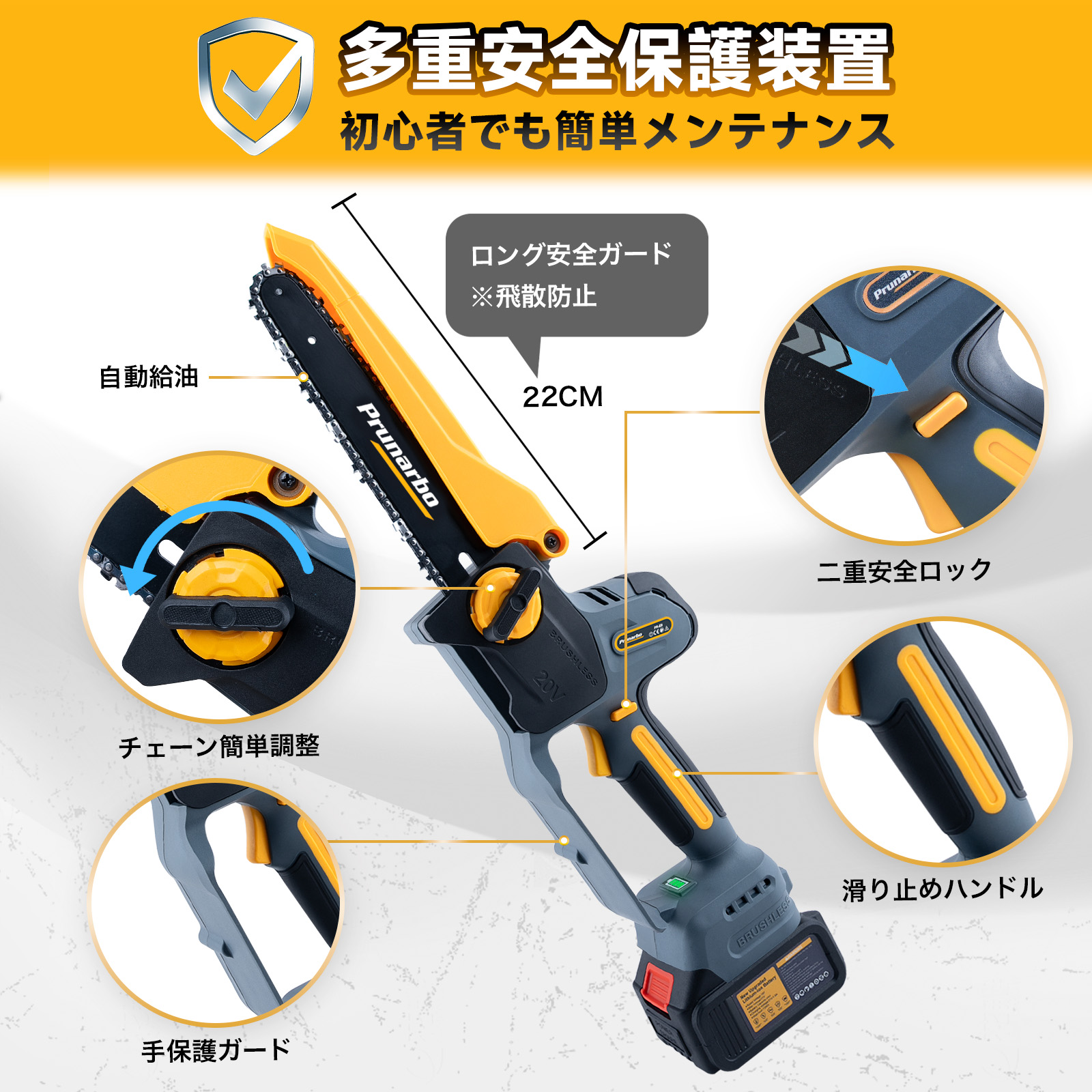 【スピード特化】 8インチ 電動チェーンソー 本体のみ 18Vマキタ対応 10.9m/s高速モーター バッテリー＆充電器なし 品番：PR-E8