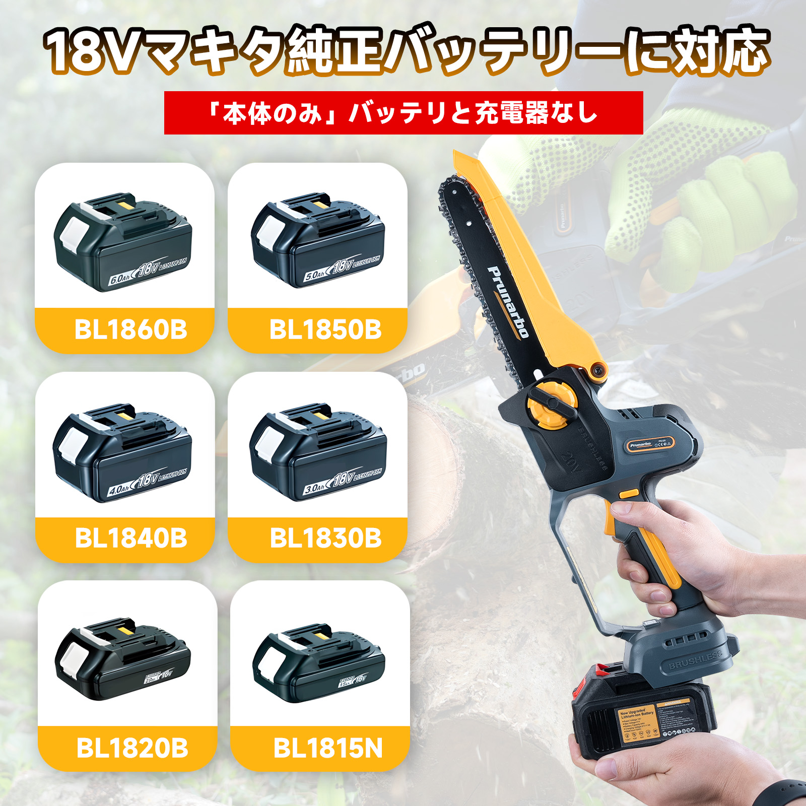 【スピード特化】 8インチ 電動チェーンソー 本体のみ 18Vマキタ対応 10.9m/s高速モーター バッテリー＆充電器なし 品番：PR-E8