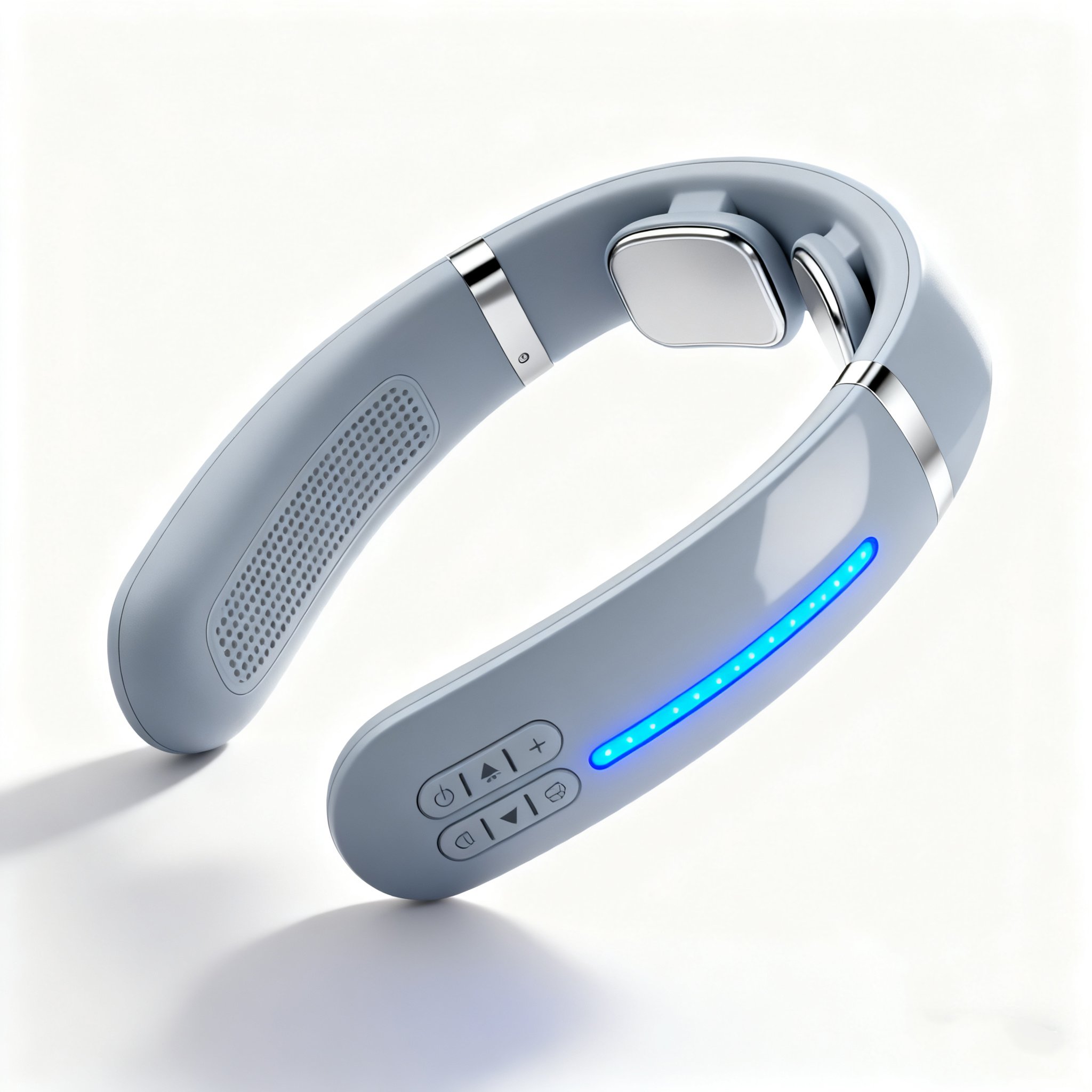 목에 착용한 휴대용 마사지기 모습