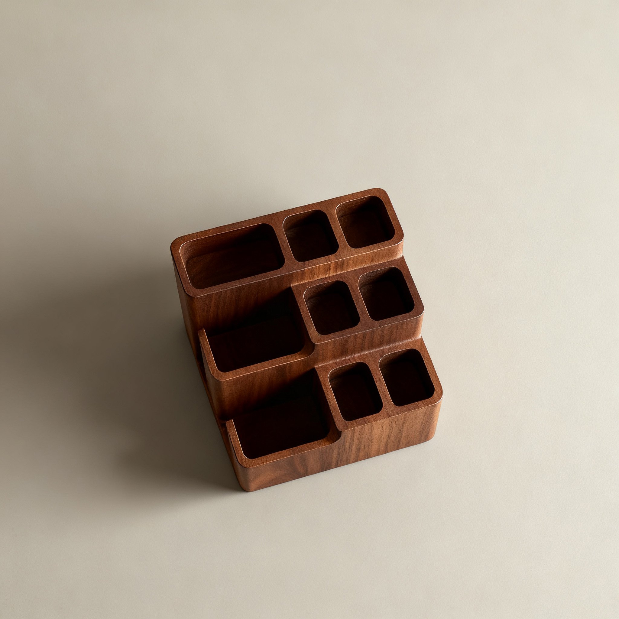 ที่เก็บเครื่องครัวไม้วอลนัทดีไซน์โมเดิร์นบนโต๊ะทำอาหาร