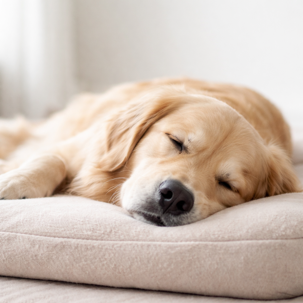 皮膚敏感的狗狗安靜躺在柔軟低刺激材質的睡墊上