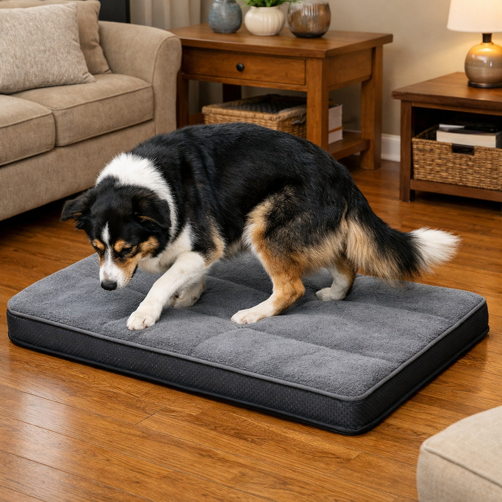 狗狗上下睡墊時仍保持穩定不滑動的設計示意