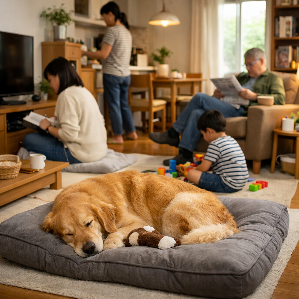 家庭空間中，狗狗第一次使用睡墊的日常場景