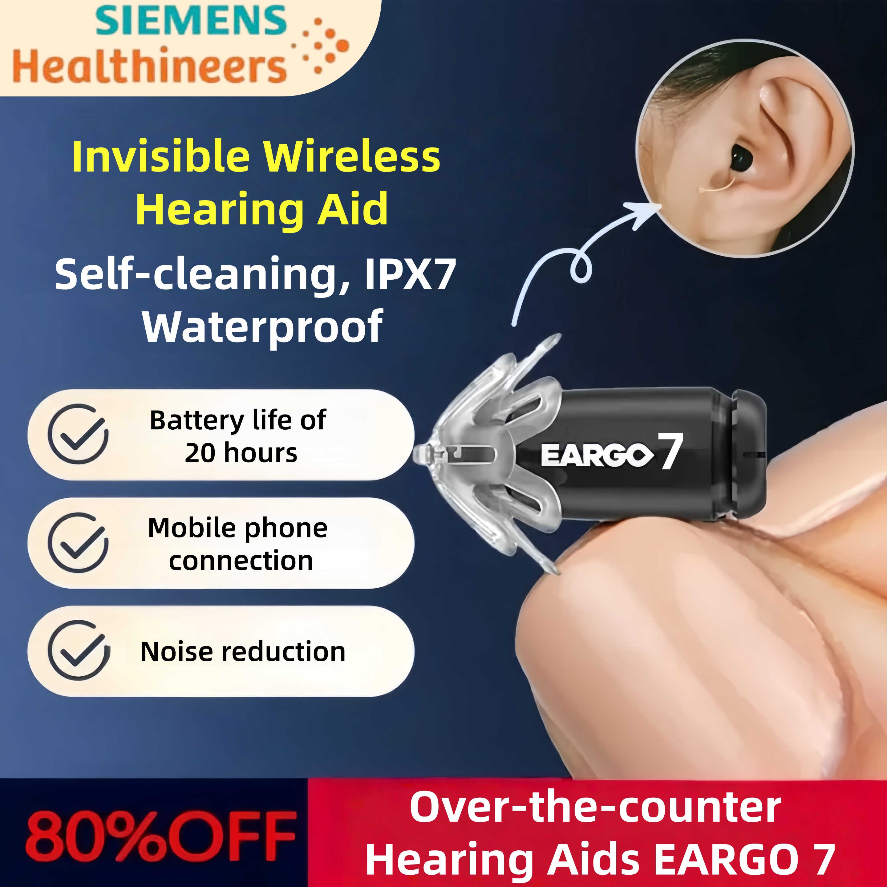EARGO 7 OTC Hearing Aid – Nearly invisible CIC, rechargeable, adaptive, FDA approved.