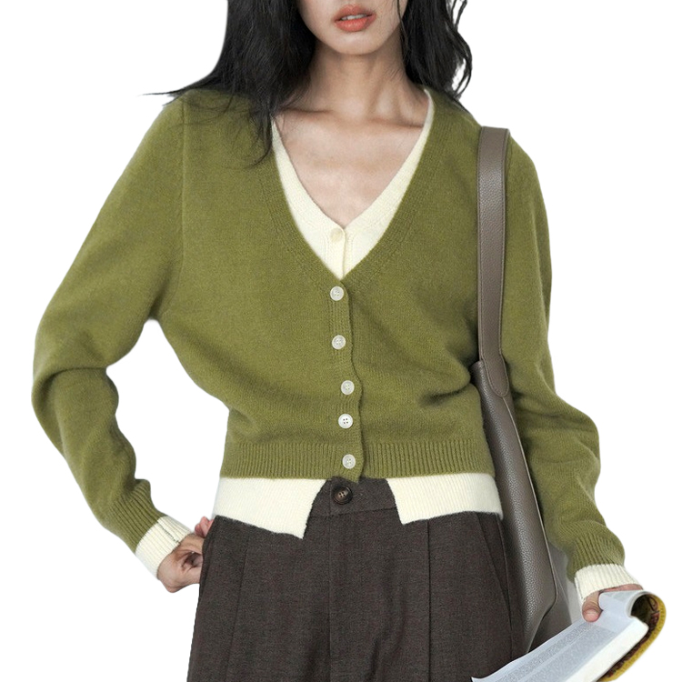 เสื้อคาร์ดิแกนถักสองชิ้นปลอมสีเขียว