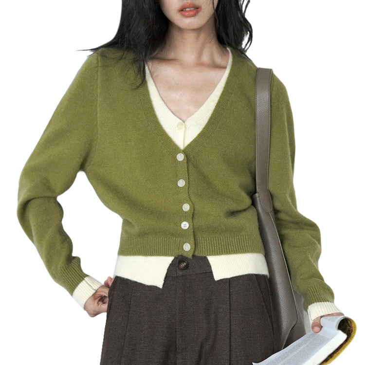 เสื้อคาร์ดิแกนถักสองชิ้นปลอมสีเขียว