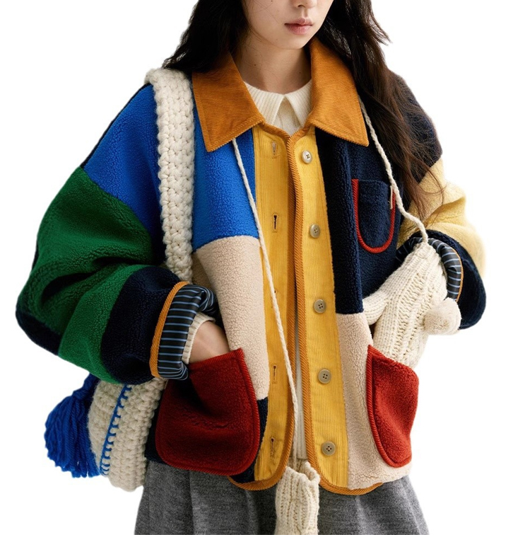 เสื้อโค้ทสั้นทรงหลวมลายตารางสีลูกแกะสไตล์เรโทร