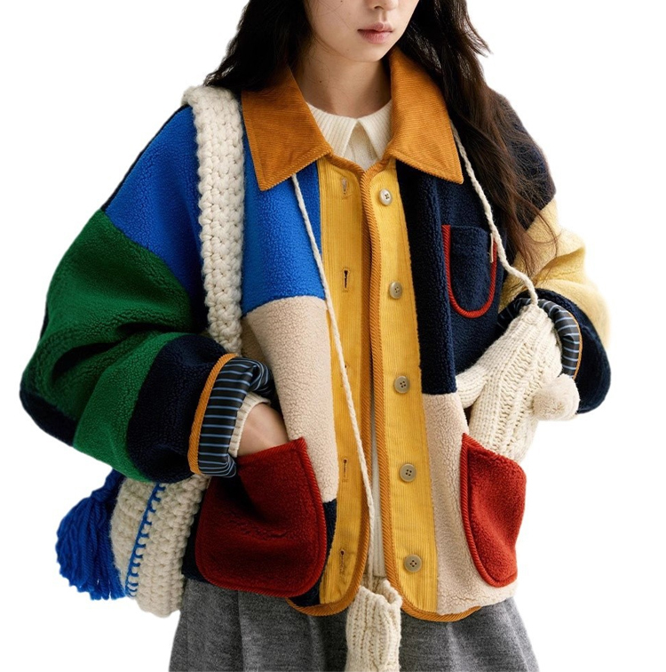 เสื้อโค้ทสั้นทรงหลวมลายตารางสีลูกแกะสไตล์เรโทร