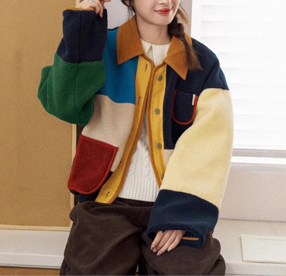 เสื้อโค้ทสั้นทรงหลวมลายตารางสีลูกแกะสไตล์เรโทร