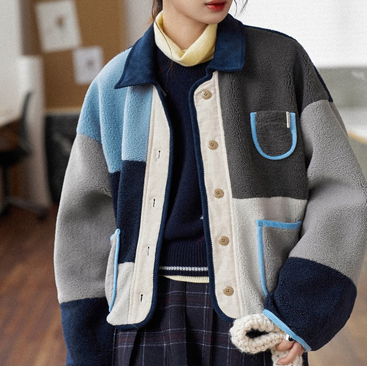 เสื้อโค้ทสั้นทรงหลวมลายตารางสีลูกแกะสไตล์เรโทร