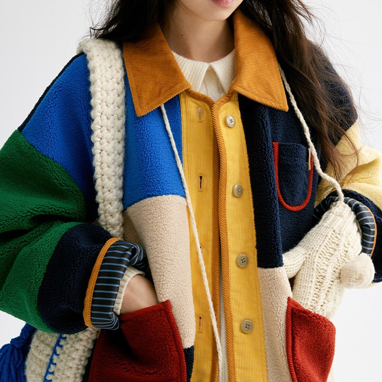 เสื้อโค้ทสั้นทรงหลวมลายตารางสีลูกแกะสไตล์เรโทร