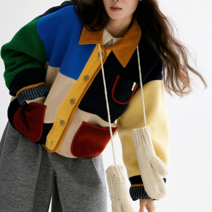 เสื้อโค้ทสั้นทรงหลวมลายตารางสีลูกแกะสไตล์เรโทร