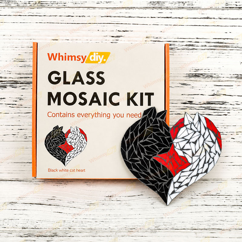 Whimsy DIY Black White Cat Heart Glass Mosaic Kit Puzzles