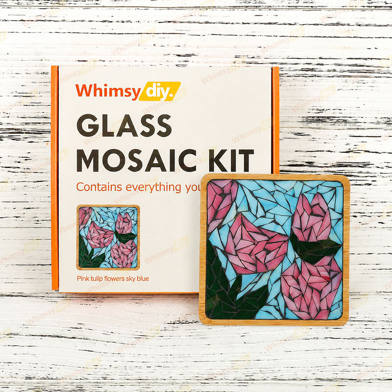 Whimsy DIY Pink Tulip Flowers Sky Blue Coaster Glass Mosaic Kit Puzzles