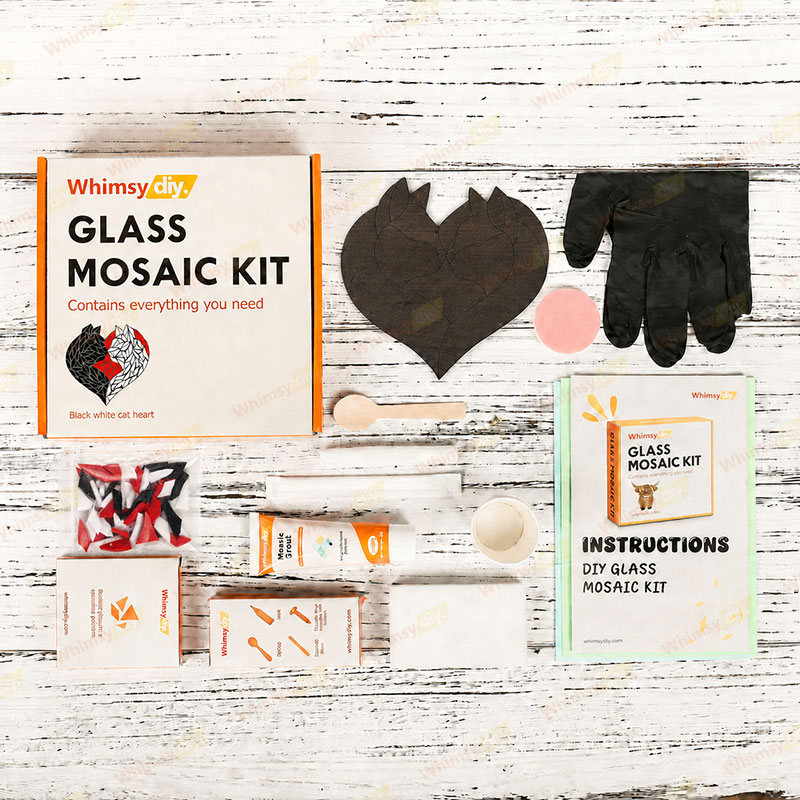 Whimsy DIY Black White Cat Heart Glass Mosaic Kit Puzzles