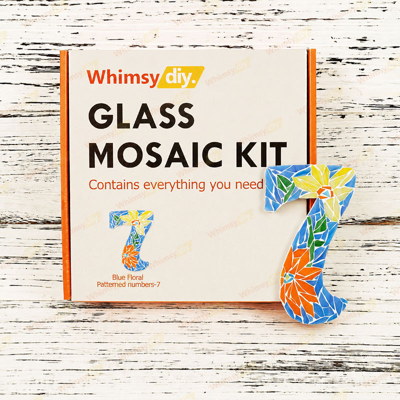 Whimsy DIY Blue Floral Patterned numbers-7 Glass Mosaic Kit Puzzles