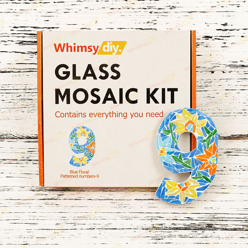 Whimsy DIY Blue Floral Patterned numbers-9 Glass Mosaic Kit Puzzles