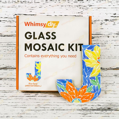 Whimsy DIY Blue Floral Patterned Letters-J Glass Mosaic Kit Puzzles
