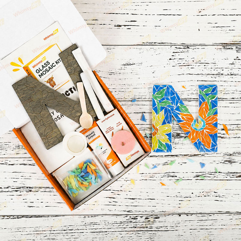 Whimsy DIY Blue Floral Patterned Letters-N Glass Mosaic Kit Puzzles