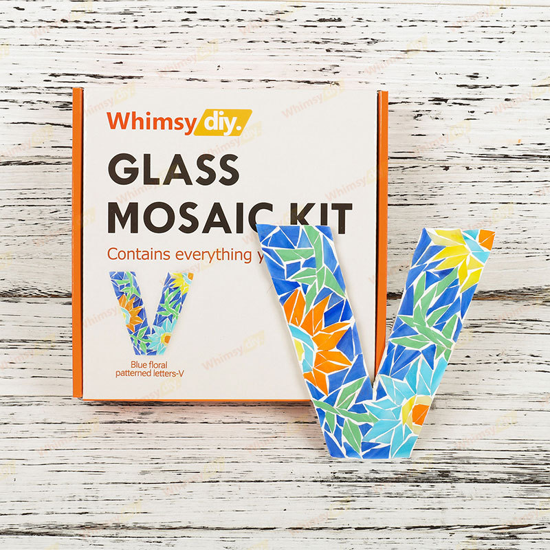 Whimsy DIY Blue Floral Patterned Letters-V Glass Mosaic Kit Puzzles