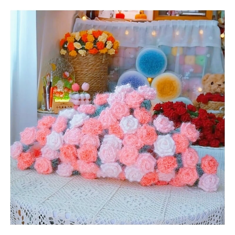 Y 123 .【手編み材料キット】グラデーションカラーのバラ編み毯 - 自分