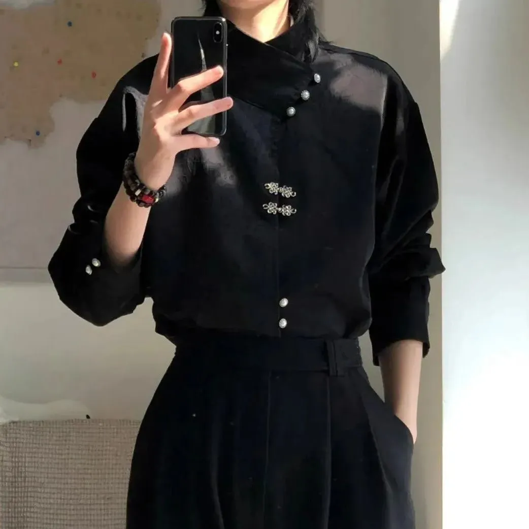 【單件/套裝】新中式金屬盤扣立領緞面提花長袖襯衫+西褲兩件套裝