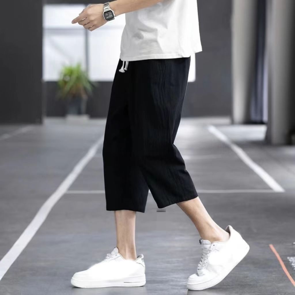 冰絲棉麻亞麻薄款潮流闊腿運動休閒七分褲褲裝