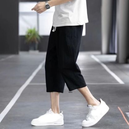 冰絲棉麻亞麻薄款潮流闊腿運動休閒七分褲褲裝