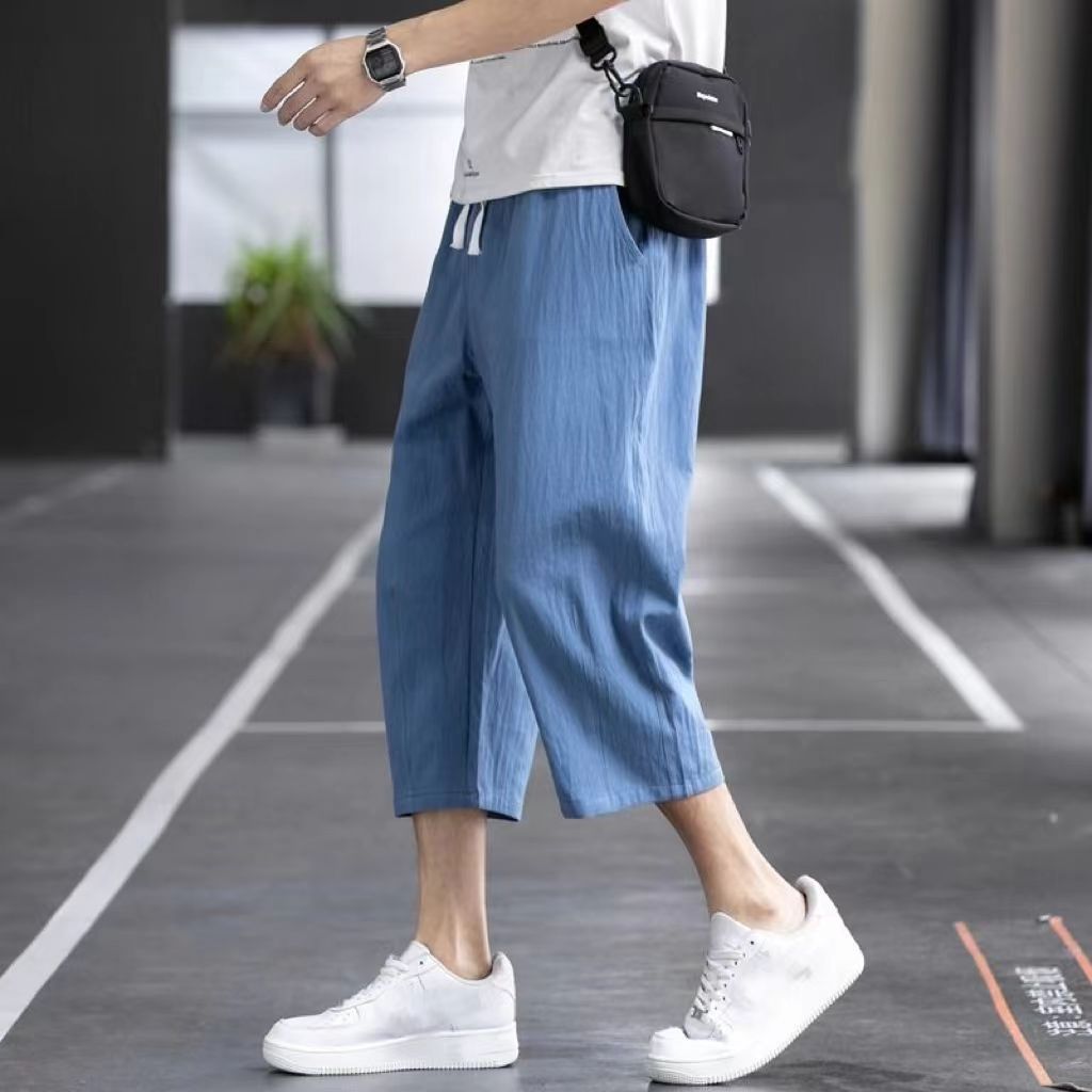 冰絲棉麻亞麻薄款潮流闊腿運動休閒七分褲褲裝