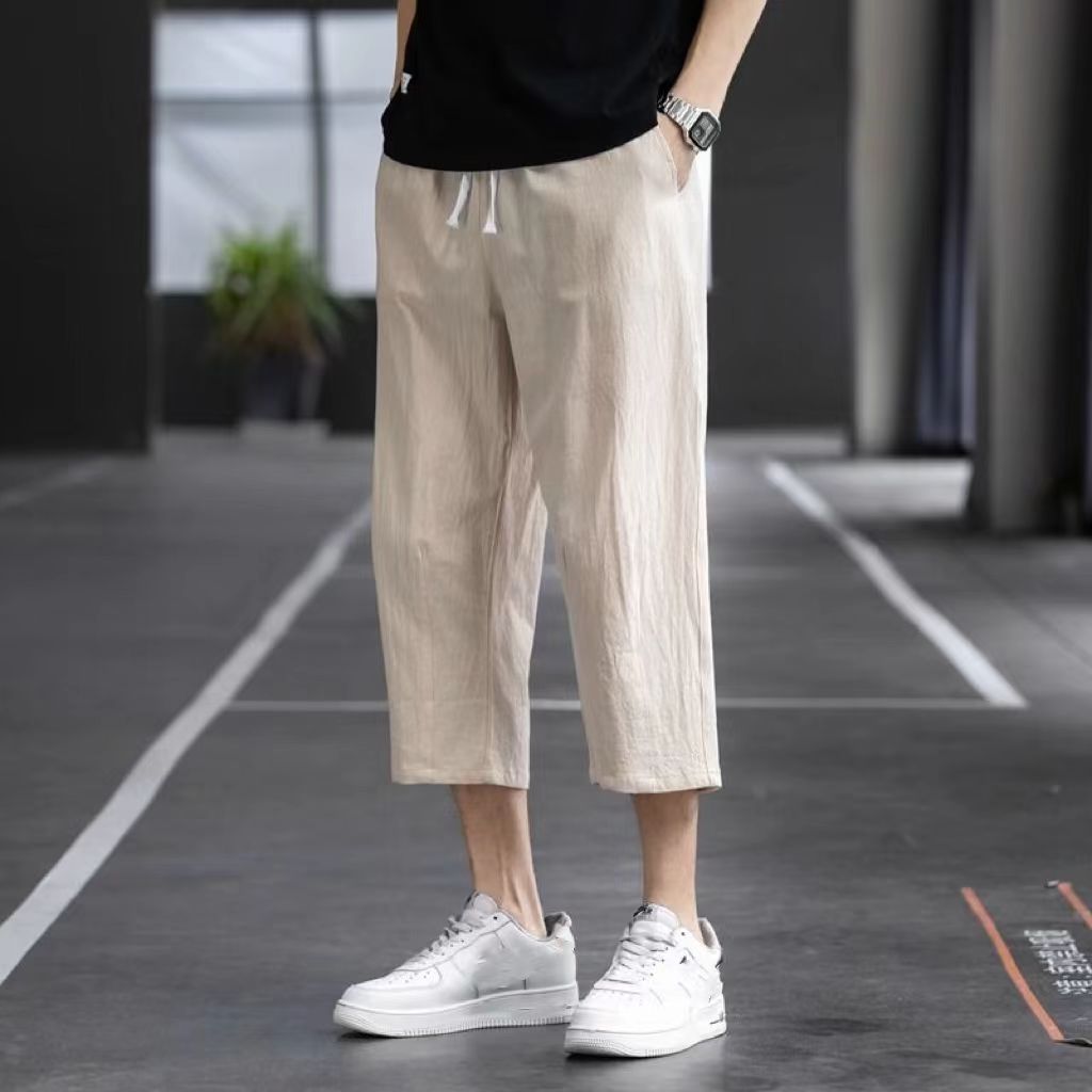 冰絲棉麻亞麻薄款潮流闊腿運動休閒七分褲褲裝