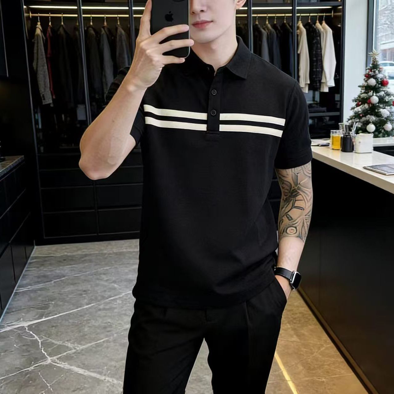 @條紋Polo領百搭潮流輕奢休閒短袖T恤